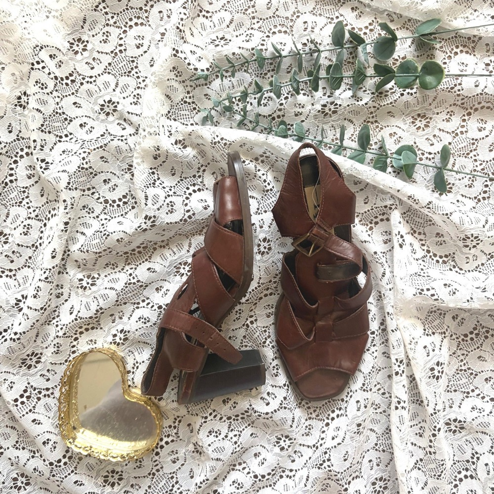 KF Ltd Vintage Brown Leather Strappy Block Heel Sandals Made in Brazil 6.5M